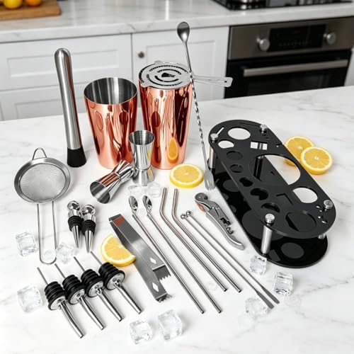 22-Piece Cocktail Shaker Set, 25/20oz Bartender Kit, Bartending Stainless Steel Bar Tools Sets for Drink Mixing, Boston Cocktail Shakers with Stand Recipes Booklet (Rose Gold-25-20oz)