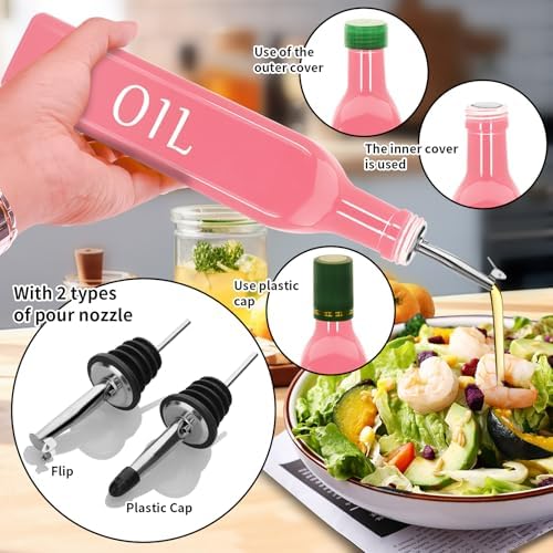 Olive Oil Dispenser Bottle,2 Pcs 17oz 500ml Glass O il and Vinegar Dispenser Set with 2 Stainless Steel Pourers, 8 Labels,Funnel Vinegar Bottles for Kitchen (Pink Oil & Turquoise Vinegar)