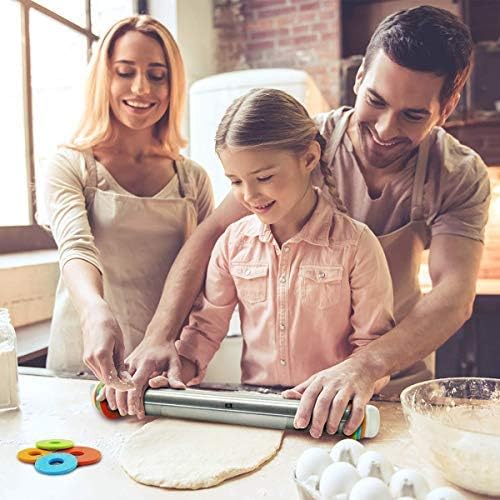 Rolling Pin and Baking Mat Set, Stainless Steel Dough Roller with Thickness Rings for Baking/Dough/Pizza/Pastry/Cookies, Non-Stick Reusable Large Kneading Silicone Mat with Measurements