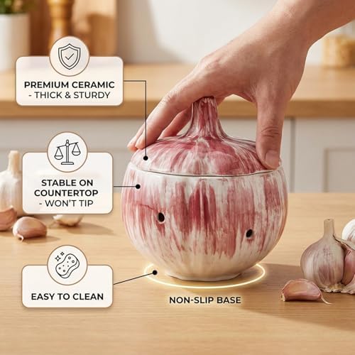 Garlic Keeper, Ceramic Garlic Keeper with Lid, Garlics Holder Countertop