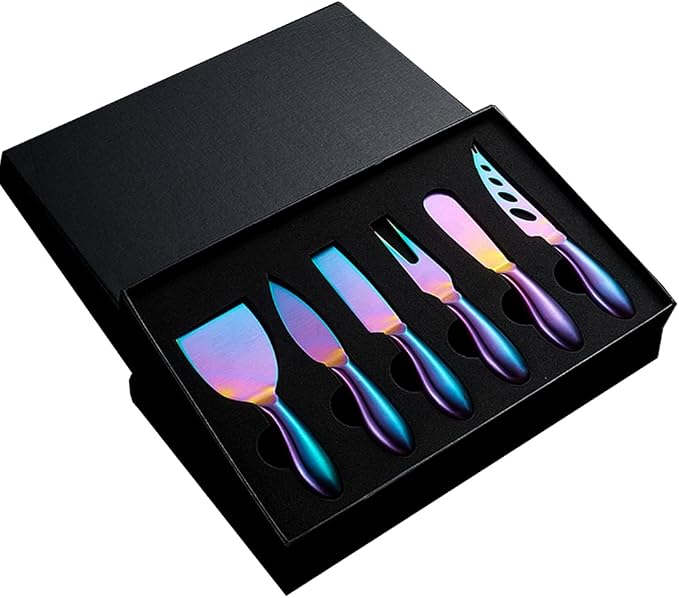 Premium 6-Piece Steel Cheese Knife Set - Rainbow Collection with Slicer, Cutter, Fork & Spreader