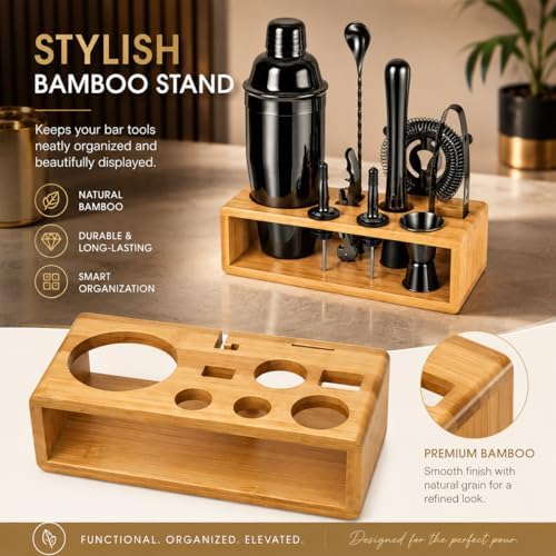 Black Cocktail Shaker Set, Premium 18/8 Stainless Steel Mixology Bartender Kit with Stylish Bamboo Stand 10-Piece Bar Tools & Accessories for Home Bar for Men, Dad, Husband