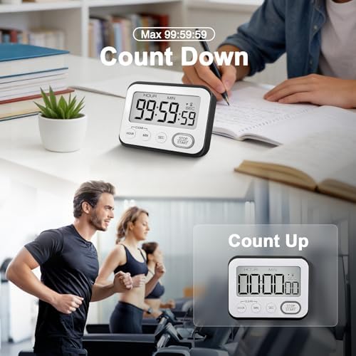 Digital Kitchen Timer Magnetic Loud Alarm, Large LCD Screen Silent/Beeping Multi-Function for Teachers Classroom Kids, Black 2PACK