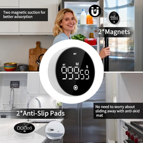 Digital Kitchen Timer, Magnetic Visual Countdown Countup Timer with Large LED Display, Adjustable Volume, Easy for Seniors and Kids, for Cooking, Classroom, Fitness, Study (White)