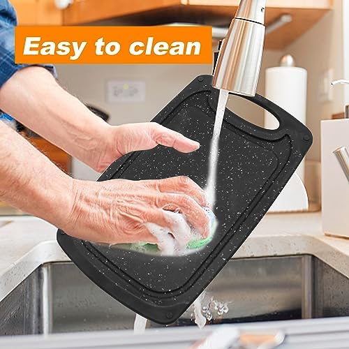 Saihisday 9.8"L x 5.9"W Mini Kitchen Cooking Board Mats Small cutting boards Non-Slip Cutting Boards Dishwasher Safe Plastic Chopping Boards for Salad Sandwich Cheese Juice Grooves Grip Handle (2 pcs)