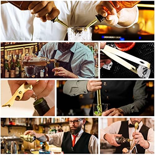 Bartender Kit with Stylish Bamboo Stand, 12 Piece 25oz Cocktail Shaker Set for Mixed Drink, Professional Stainless Steel Bar Tool Set, Gift for Man Dad- Cocktail Recipes Booklet (Gold)