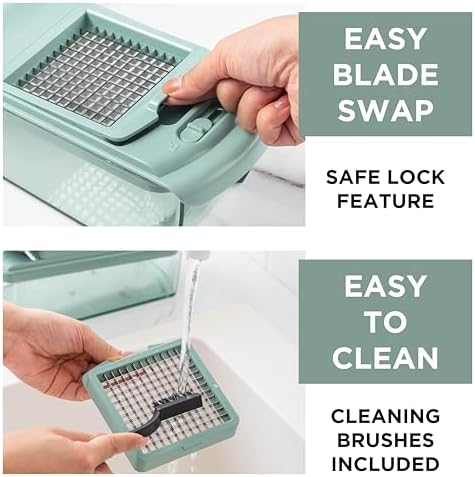ook with Color Vegetable Chopper - Multifunctional 11 in 1 Vegetable Chopper with Container - Food Chopper to Dice, Chop, Slice, Julienne and Spiralize, Sage