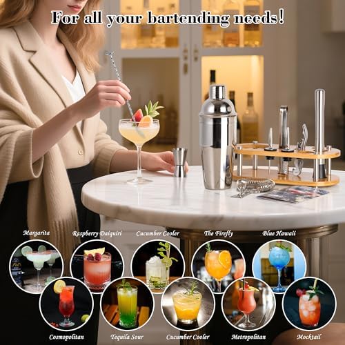Wukuna Cocktail Shaker Bartender Kit, 11 Pcs Bar Tool Set with Bamboo Stand