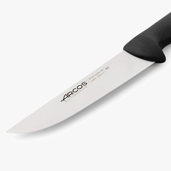Arcos Range Butcher Knife 7 inch Nitrum Stainless Steel. Steak Knife. Polypropylene Black Handle. Color Identification System for Prolonged and Heavy Use. Series 2900. Color Black.