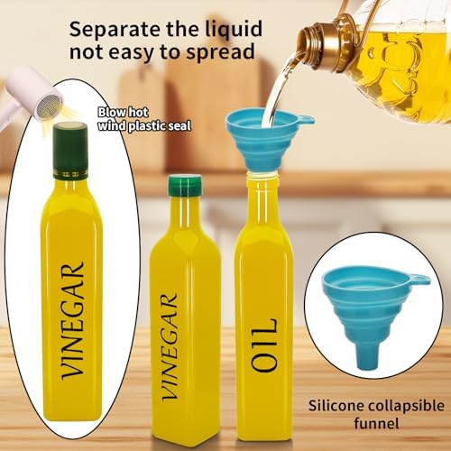 Olive Oil Dispenser Bottle,2 Pcs 17oz 500ml Glass O il and Vinegar Dispenser Set with 2 Stainless Steel Pourers, 8 Labels,Funnel Vinegar Bottles for Kitchen (Yellow)