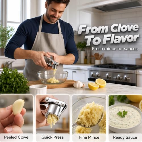 Heavy Duty Manual Garlic Press, Alloy Garlic Ginger Crusher, Easy-Squeeze Garlic Mincer with Ergonomic Handle, Easy Squeeze Kitchen Essential (Small)