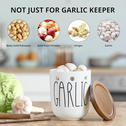 Ceramic Garlic Keeper for Counter, Large Garlic Holder with Acacia Wood Lid, Farmhouse Garlic Storage Container, Garlic Saver for Kitchen, White