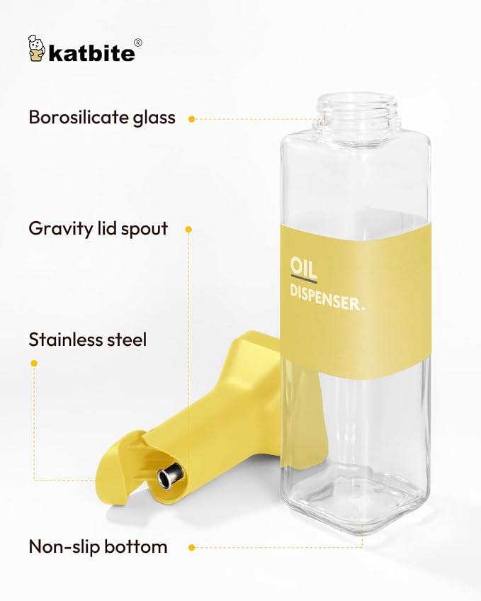 katbite 16oz Glass Olive Oil Dispenser Bottle for Kitchen Cooking - Leakproof Kitchen Essential with Precise Pouring Spout for Salad, Air Fryer, BBQ, Non-Stick Pans, Easy Refill and Use, Yellow