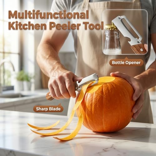 3 PCS Multifunctional Vegetable Peelers for Kitchen, Sharp Stainless Steel Peeler and Bottle Opener with Wooden Handle, Vegetable & Fruit Peeler for Cucumber Potato Zucchini Orange