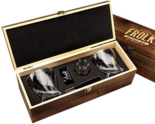Whiskey Chillers Premium Gift Set By Frolk, Set of 6 Extra Large Stainless Steel Whiskey Stones, 2 Large Twisted Whiskey Glasses (11 oz), Freezer Base, Velvet Pouch & Tongs in Novelty Wooden Box