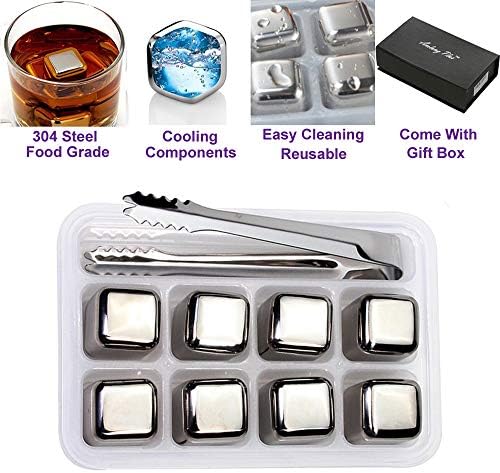 Reusable Stainless Steel Ice Stones for Whiskey and Drinks. Pack of 8 Pieces with Ice Tongs, Freezer Tray and Gift Box