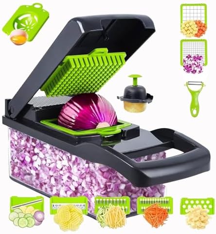 16 IN 1 VEGETABLE CHOPPER AND SLICER WITH CONTAINER -MULTI- FUNCTIONAL MANDOLINE CUTTER FOR ONIONS, FRUITS &CHEESE - KITCHEN GADGETS WITH INTERCHANGEABLE BLADES &PEELER.