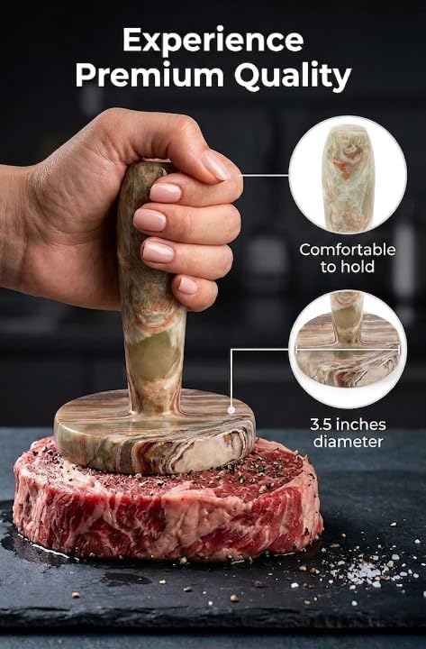 Marble Meat Pounder Tenderizer 5" Inches Green Onyx Handmade Round Chicken Flattener Tool - Works Great As A Smash Burger Press - Meat Flattener for Steak, Chicken, Pork