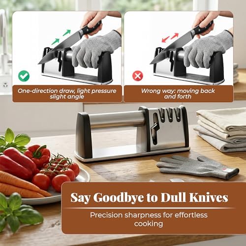 4-in-1 Manual Knife & Scissor Sharpener — 4-Stage Sharpening System with Cut-Resistant Glove | Restores Dull Blades Fast | Non-Slip Base | Silver | Large, 1 Pc