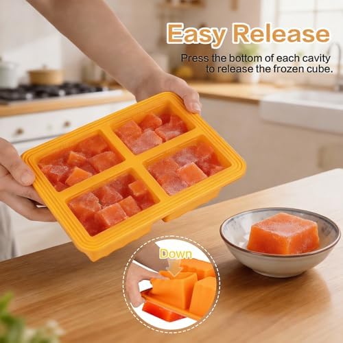 2 Pack Silicone Soup Freezer Molds with Lids, 1 Cup Silicone Freezing Soup Container, Ice Cube Trays for Freezer, Freeze Broth,Sauce,Leftovers, 250mL /125mL Portions, Orange