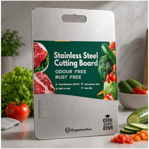 OrganizeMee Chopping Board Stainless Steel Metal Cutting Kitchen,Heavy Duty Choping-Board Vegetable,Fruit Cutter, Meats vegitable Chopper Boards,Safe Durable (Medium)(Size 31.8CM X 21CM)