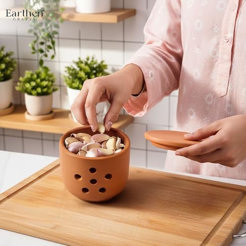 EARTHEN CRAFTS Terracotta Garlic Keeper with Lid 4.5" Handmade Clay Storage Jar with Vent Holes for Kitchen Countertop, Breathable Rustic Garlic Crock for Fresh Cloves