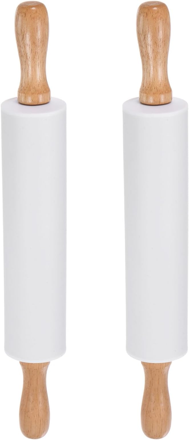 HARFINGTON 2pcs Silicone Rolling Pins for Baking 12.2 Inch Non-Stick Silicone Surface Wooden Handle Rolling Pin Small Roller Playdough Rolling Pins for Fondant Kitchen Dough Pizza, White
