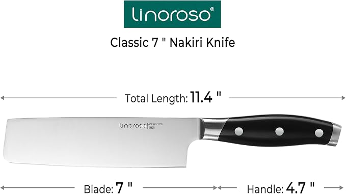 linoroso Nakiri Knife 7 inch Japanese Chef Knife, Asian Vegetable Cleaver Kitchen Knife, German High Carbon Stainless Steel Usuba Knife with Full Tang Ergonomic Handle for Home Kitchen and Restaurant