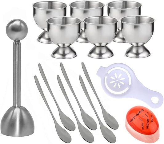 Egg Cracker Topper Set for Soft Boiled Eggs Includes 1 Stainless Steel Egg Topper 6 Egg holder cups 6 Egg Spoons 1 Egg Timer 1 Egg Yolk Separator