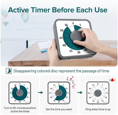 Secura 7.5 Inch Visual Timer, 60 Minute Visual Oversize Countdown Timer for Kids and Adults, Durable Mechanical Time Management Tool (Dark Green)