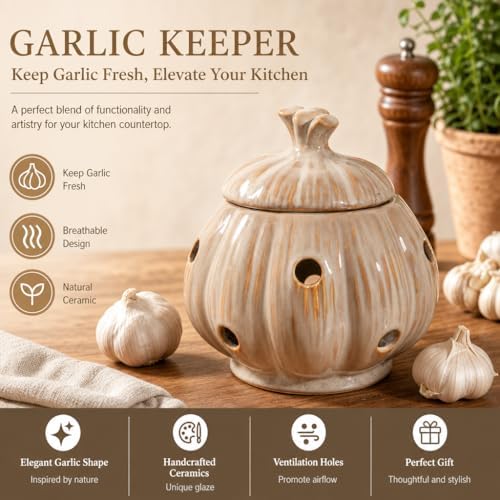 Ceramic Garlic Keeper Storage Holder Jar with Lid, Kitchen Countertop Large Garlic Canister Cellar Saver Holder Crock Container. (Beige)