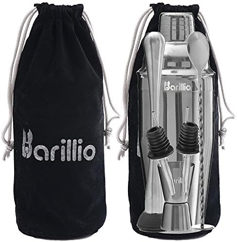 Barillio Mixology Bartender Kit - 8 pcs Stainless Steel Travel Cocktail Shaker Set with Bag - Bar Tools Set with Martini Shaker, Drink Mixer Spoon & Mojito Muddler for Cocktails, Pourers & Jigger