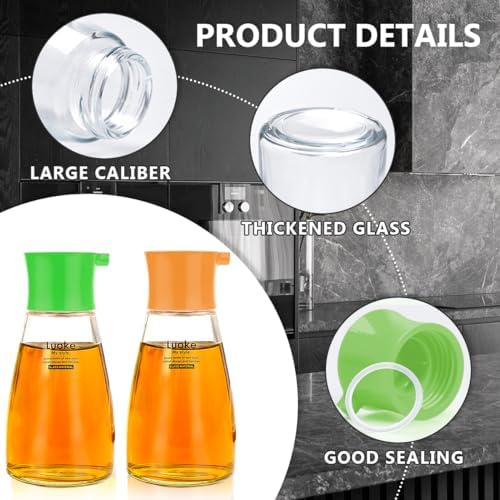 2Pcs Soy Sauce Container Dispenser Leakproof Vinegar Dispenser Glass Cruet Bottles Clear Oil Dispensing Bottles Seasoning Bottle with Lid for Olive Oil,Soy Sauce,Syrup (Green&Orange)