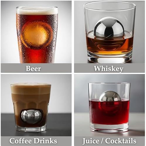 4 Premium XXL 55mm Stainless Steel Ice Whiskey Balls with Freezer Tray| Whiskey Rocks, Chilling Stones, Whiskey Stone Ice Cube Balls, Round Chilling Spheres (Not Solid Steel) (Pack of 2)