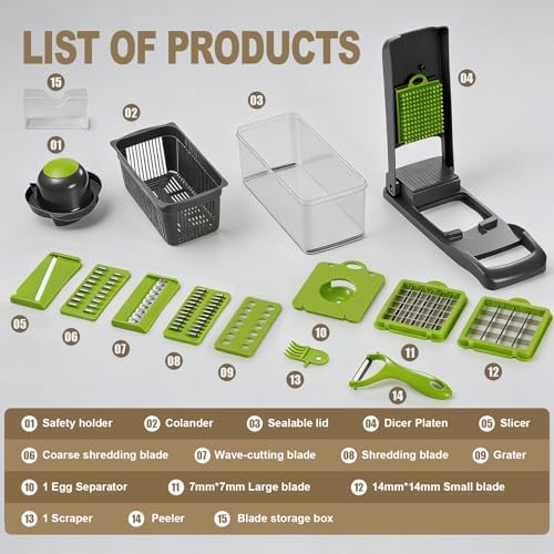 Vegetable Chopper with Container Cheese Grater Mandoline Slicer Cabbage Shredder for Veggie Onion Potato Fruit Food, Includes Egg Separator & Vegetable Peeler, Manual Hand Cooking Gadget for Kitchen
