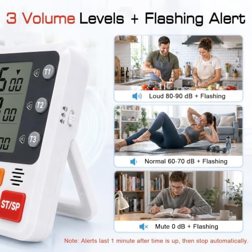 Backlit Magnetic 3-Channel Digital Kitchen Timer for Cooking