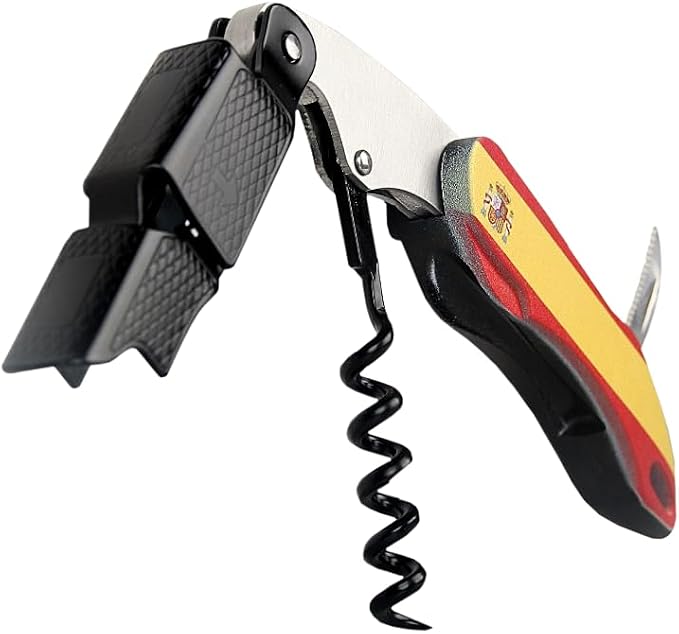 Two-Stroke Corkscrew | Spain Flag Design | Teflon Spiral for Easy Cork Removal | Stainless Steel & ABS Plastic | Professional & Home Use, Black/White