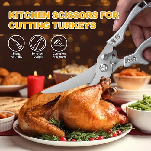 2 Pack Kitchen Scissors with Herb Scissors, Poultry Shears Heavy Duty, Stainless Steel Poultry Shears for Turkey, Chicken, Thanksgiving, Christmas Day