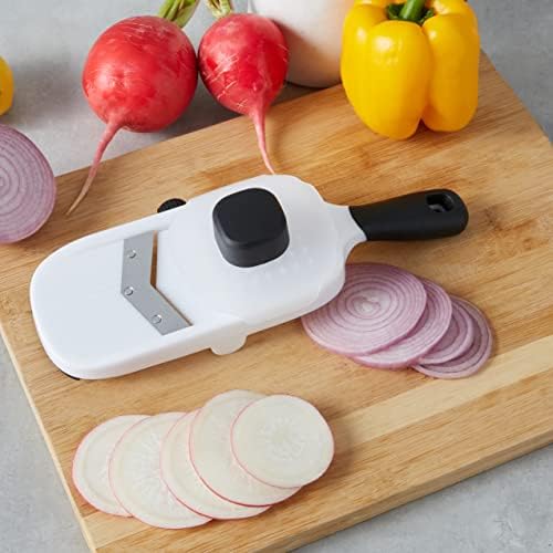 Amazon Basics Hand-held Safe Mandoline Slicer for Vegetables and Fruits, Adjustable Thickness, Stainless Steel Blade, White, 11.3" x 4.5" x 2.5"