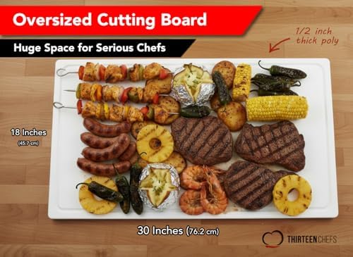 Thirteen Chefs Extra Large 30x18 Inch Cutting Board with Juice Groove - Great for Carving, Fish, Meat and Game – 1/2 Inch Thick White HDPE Plastic, 10 pounds