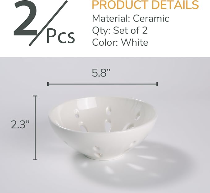 Ceramic Berry Basket, Round Fruit Bowl with Draining Hole, 5.8" Berry Colander for Kitchen Counter, Fruit Baskets Set of 2, White