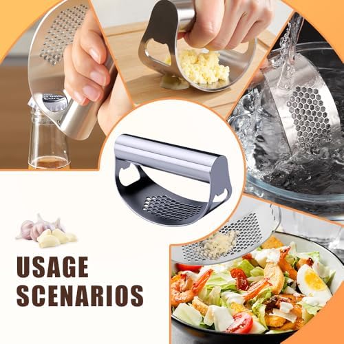 Stainless Steel Garlic Press Rocker, 2026 New Heavy Duty Ergonomic Garlic Crusher Tool with Peeler and Brush for Smash Garlic Built-in Bottle Opener Kitchen Gadget (2sets)