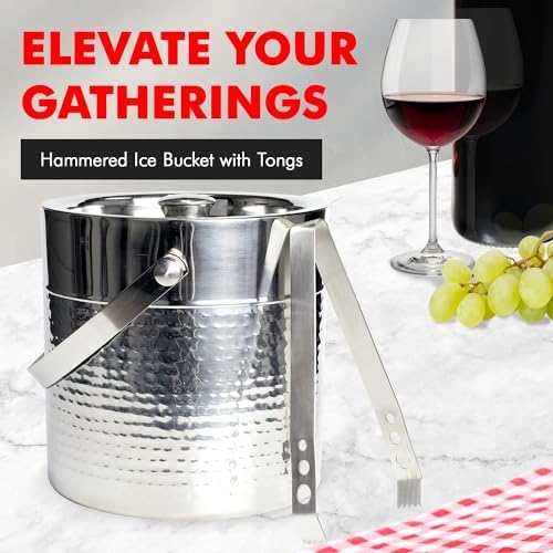 Chef Craft Hammered Ice Bucket with Tongs, Elegant Rust-Resistant Stainless Steel Ice Bucket, 3-Quart Ice Bucket Ice Buckets for Parties, Large Ice Bucket for Indoor or Outdoor Use