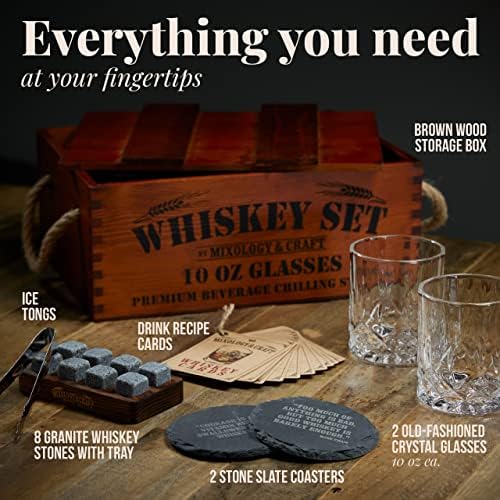 Mixology & Craft Premium Whiskey Set | Two 10oz Cystal Old-Fashioned Glasses, 8 Granite Chilling Stones, Metal Tongs, Recipe Cards in Rustic Wooden Crate Gift Set | Jameson Whiskey
