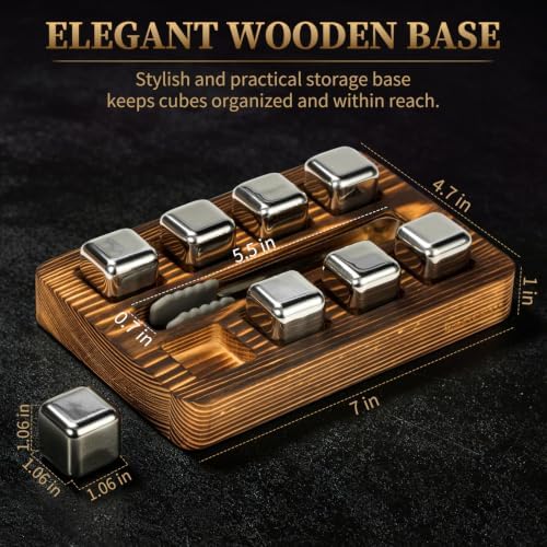 SAMEBUTECO Whiskey Stones with Holder Set,8-Piece Stainless Steel Reusabl Rocks 1 Tray & 1Tongs – Non-Diluting Chiller for Scotch & Bourbon,Gift for Whiskey Lover