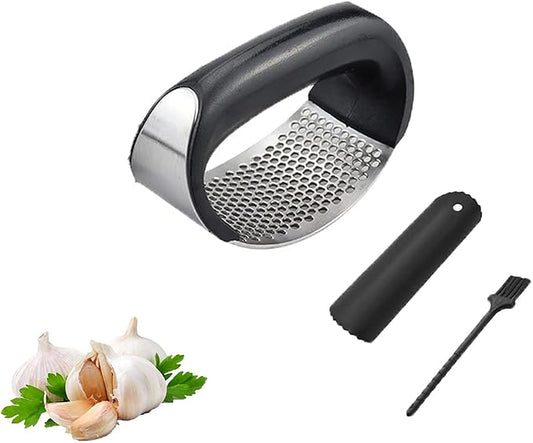Garlic Press, Stainless Steel Garlic Press Rocker, Stainless Steel Garlic Mincer, Premium Garlic Chopper Set with Silicone Tube Garlic Peeler & Cleaning Brush (Black)