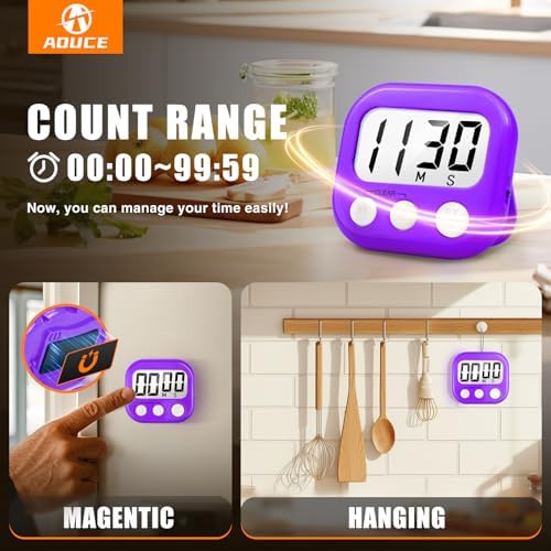 AOUCE Digital Kitchen Timers for Cooking, Timer for Kids 2 Pack Purple