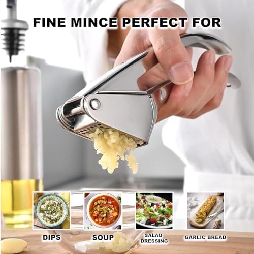 Croomi Garlic Press Stainless Steel - Premium Professional Mincer Tool - Rust Proof & Dishwasher Safe - Garlic Presser & Masher - Ginger Crusher with Soft Ergonomic Handle - Easy to Squeeze & Clean