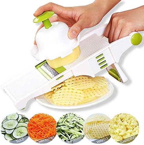 Mandoline Slicer – Adjustable Vegetable Mandolin, Fruit zucchini Slicer, French Fry Cutter,Crinkle Cutter Food Waffle,Julienne Grater,Garlic Grinder(White)