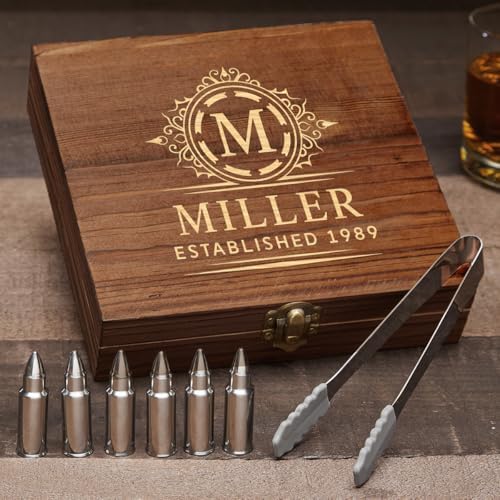 Bullet Whiskey Stones Gift Set for Men with Personalized Wooden Box - Oakmont Design